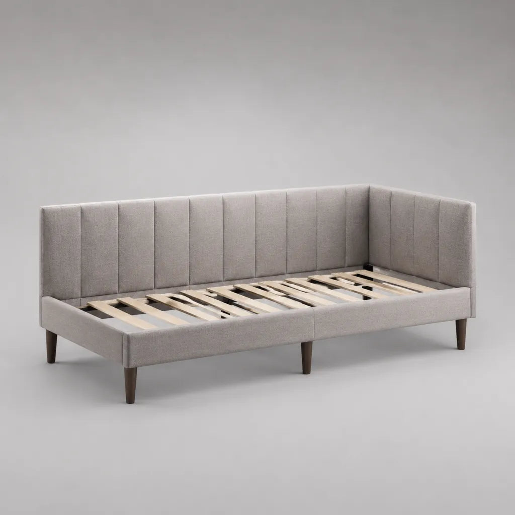 Lit d'une journée avec grille, housse en polyester et pieds en bois massif, gris clair, 214 × 101 × 86 cm, surface 90 × 200 cm