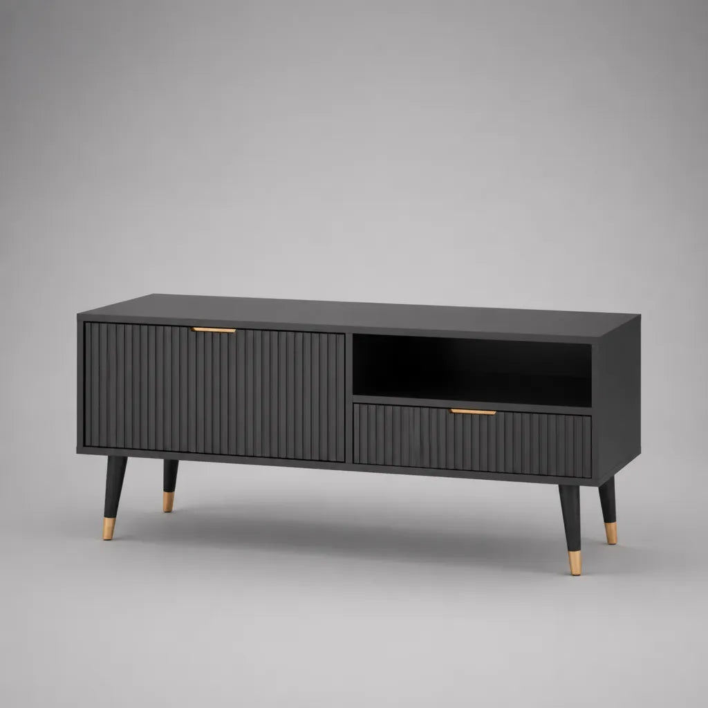 Meuble TV Rectangulaire noir en MDF avec 1 porte, 1 tiroir et 1 niche, 120 × 40 × 60 cm
