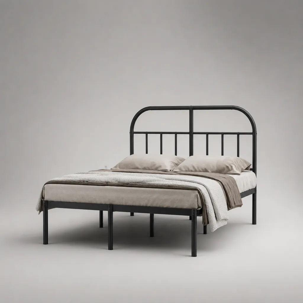 Lit double en métal avec tête de lit, noir, couchage 140 × 200 cm
