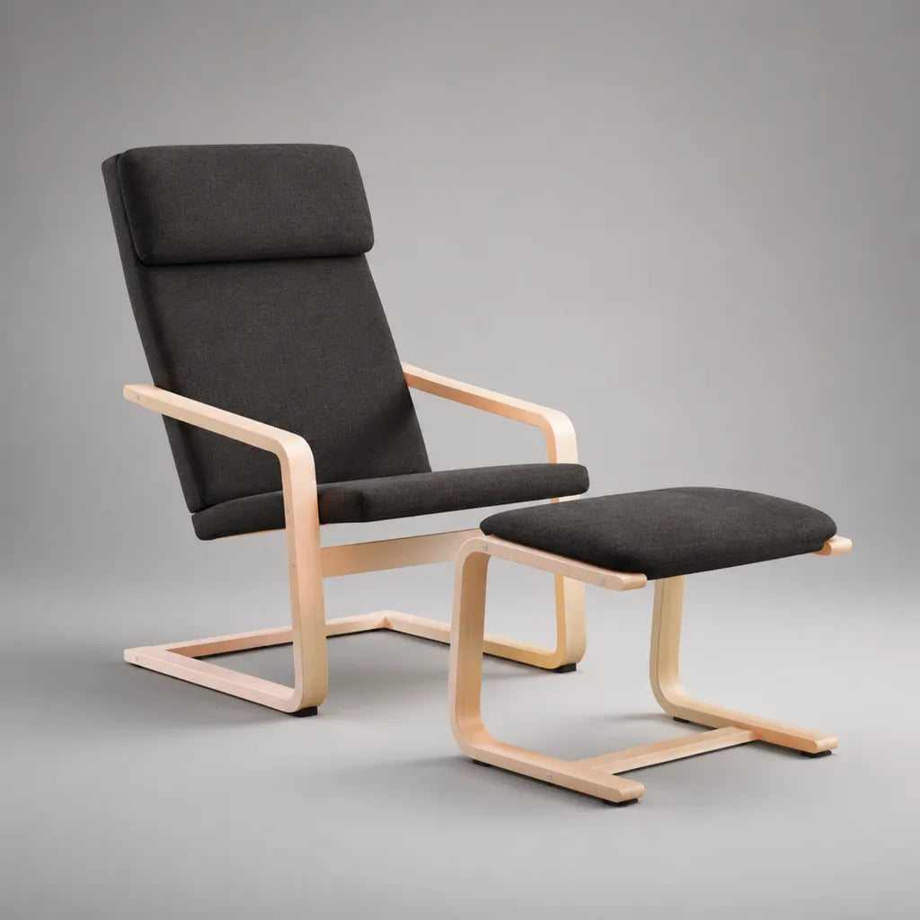 Lot de 2 pièces – Fauteuil avec tabouret en tissu et en bois, anthracite/nature, fauteuil 68 × 82 × 100 cm, tabouret 68 × 54 × 39 cm