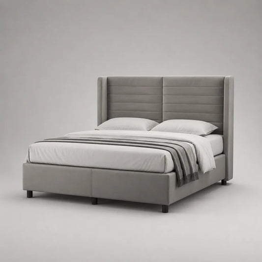 Lit de rembourrage gris 160 × 200 cm avec grille à lattes et tête d'aile haute en velours polyester