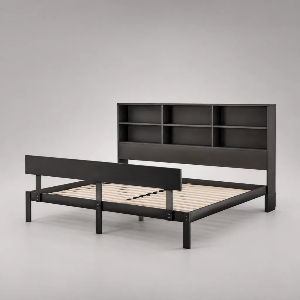 Armoire double avec tête d'étagère et grille, acier, panneaux de particules et bois de pin, surface de lit 140 × 190 cm, dimensions totales 208 × 147 × 110 cm, noir et couleurs naturelles
