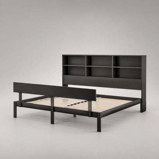 Armoire double avec tête d'étagère et grille, acier, panneaux de particules et bois de pin, surface de lit 140 × 190 cm, dimensions totales 208 × 147 × 110 cm, noir et couleurs naturelles
