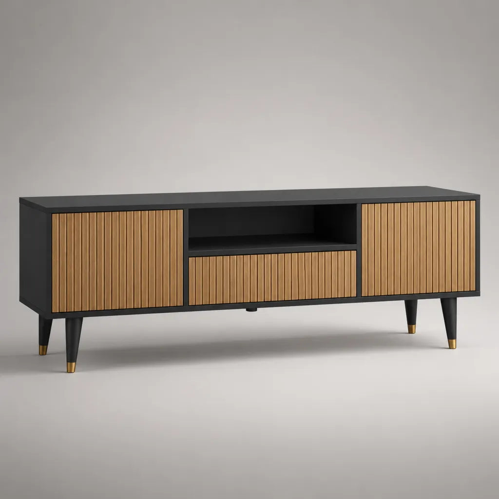 Meuble TV bas en panneau de particules et MDF avec 2 portes, 1 tiroir et compartiment ouvert, noir/couleur de chêne/couleur d'or, 140 × 40 × 60 cm