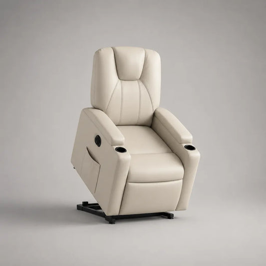 Fauteuil électrique de levage et de télévision avec fonction couchée, similicuir PU, cadre en acier, 2 porte-boissons, blanc cassé, 92 × 94 × 108 cm