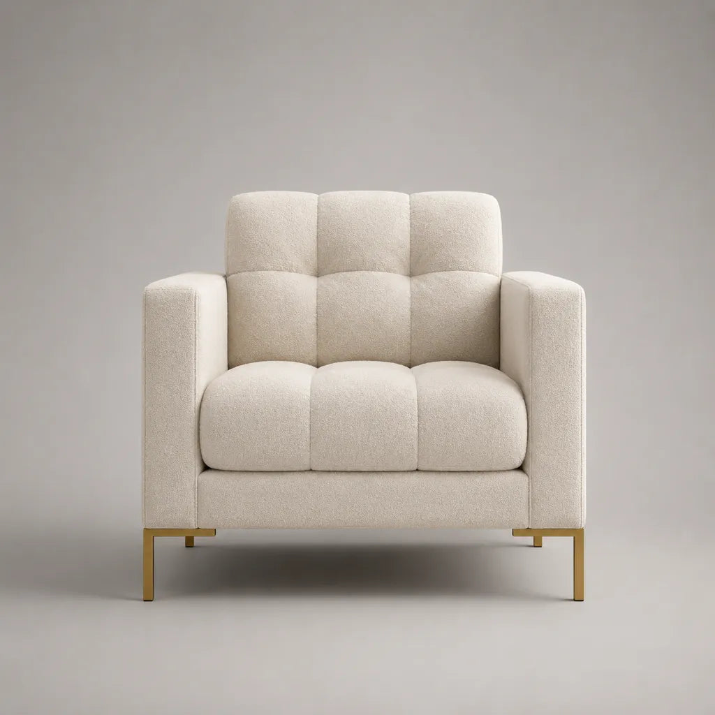 Fauteuil rembourré avec accoudoirs, blanc cassé/or, 90 × 82 × 90 cm, plateau polyester, pieds en acier