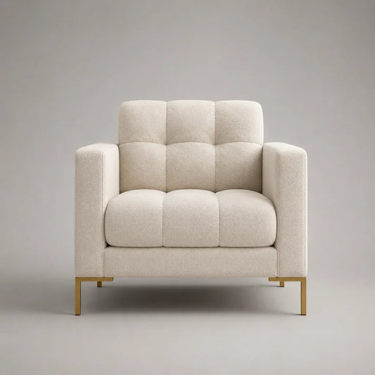 Fauteuil rembourré avec accoudoirs, blanc cassé/or, 90 × 82 × 90 cm, plateau polyester, pieds en acier