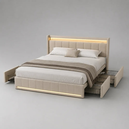 Lit rembourré avec 4 tiroirs et éclairage LED, couchage 160 × 200 cm, velours polyester, beige
