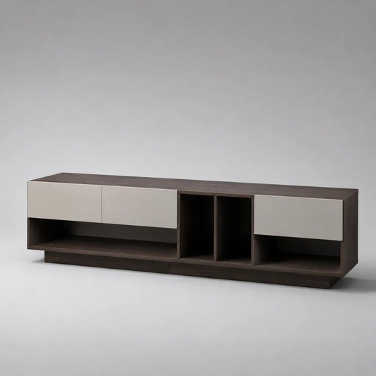 Meuble TV bas rectangulaire en canaux mélaminés et MDF, 3 ports et 4 niches, brun fondu et beige, 200 × 40 × 60 cm