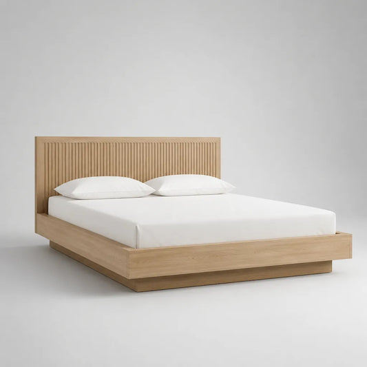 Lit double en bois avec rousseur, nature/brun clair, couchage 160 × 200 cm, dimensions totales 216 × 176 × 110 cm