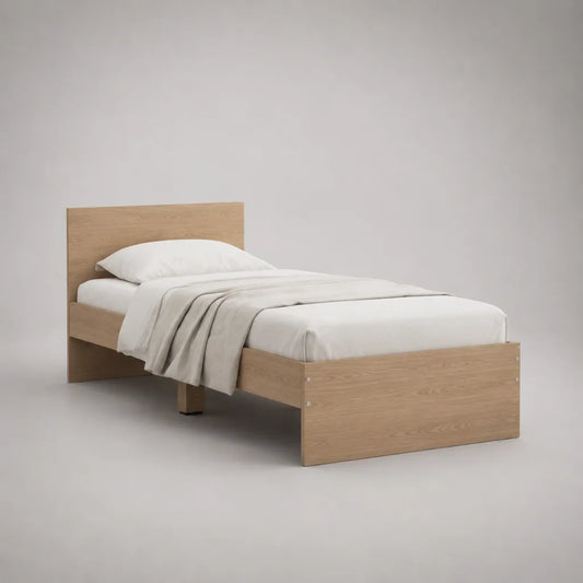 Bâti de lit simple en panneau de particules recouvert de mélamine, chêne nature, couchage 90 × 190 cm, dimensions totales 198 × 96 × 80 cm