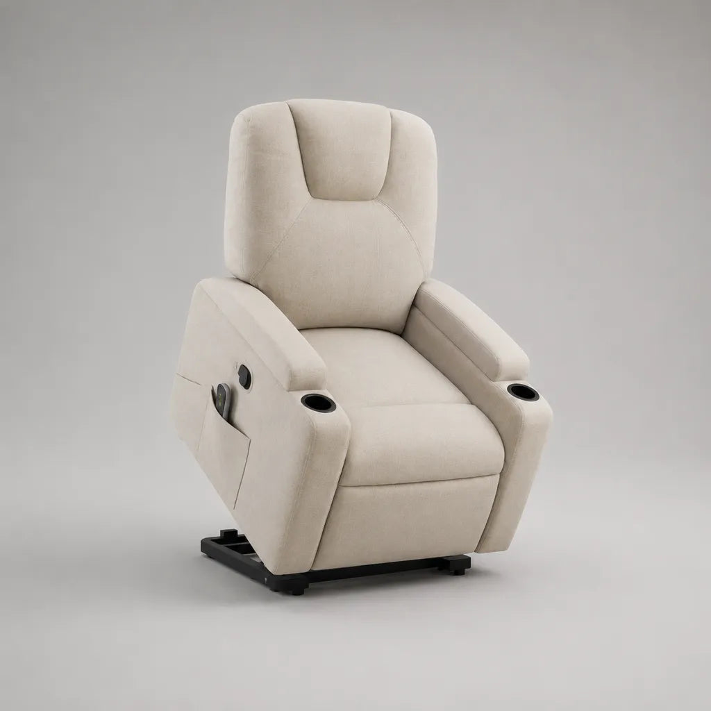 Fauteuil de télévision électrique avec dispositif de levage et fonction de couchette, accoudoir en microfibre polyester, beige, 82 × 94 × 108 cm