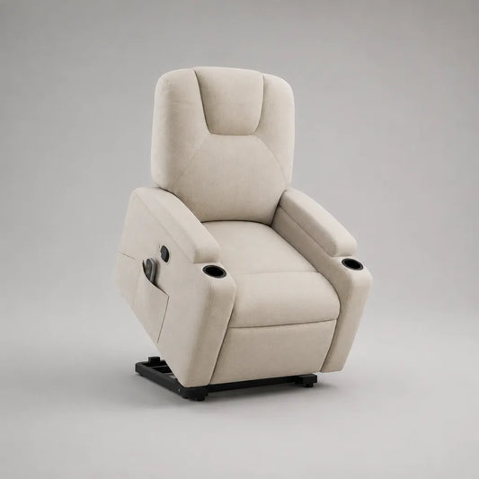 Fauteuil de télévision électrique avec dispositif de levage et fonction de couchette, accoudoir en microfibre polyester, beige, 82 × 94 × 108 cm