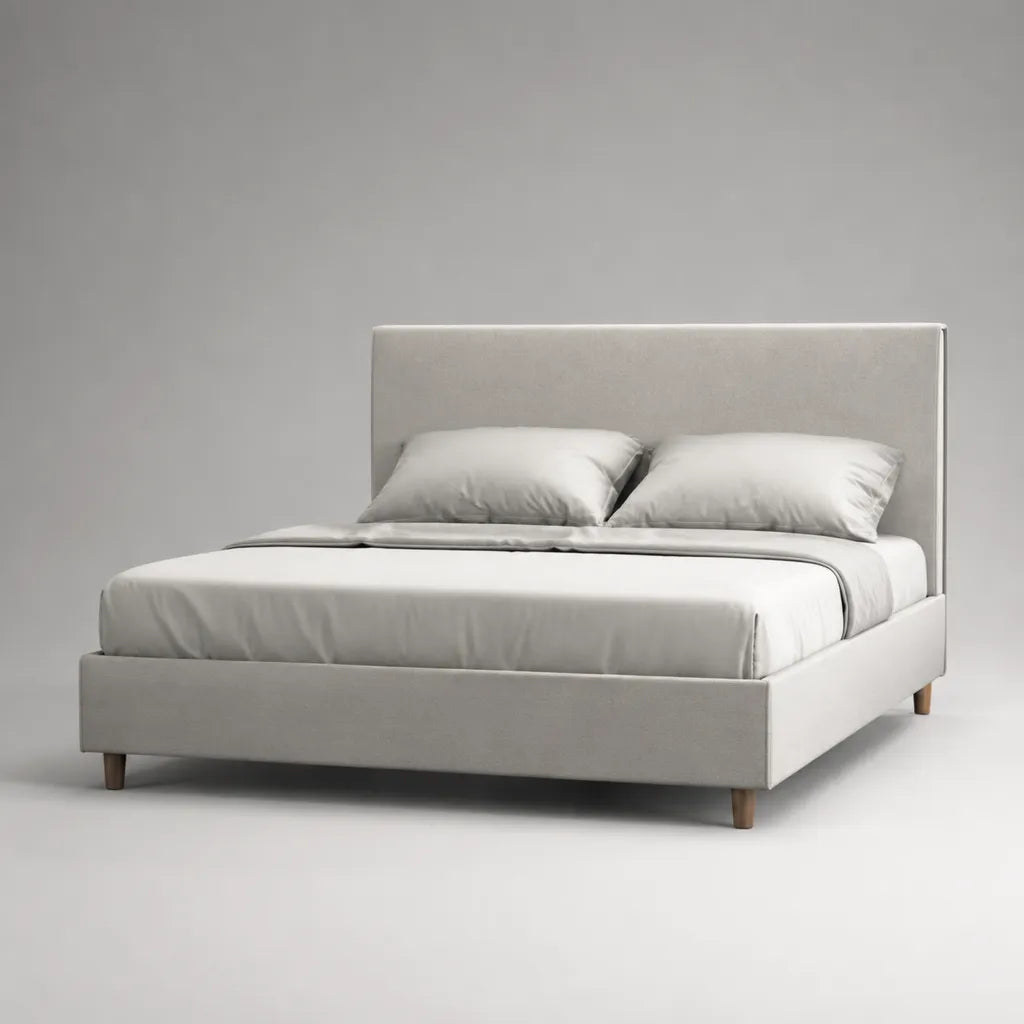 Lit double avec tête de lit, housse en tissu et cadre en bois, gris clair/brun, 170 × 215 × 110 cm, couchage 160 × 200 cm