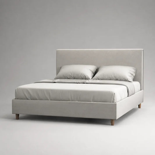 Lit double avec tête de lit, housse en tissu et cadre en bois, gris clair/brun, 170 × 215 × 110 cm, couchage 160 × 200 cm