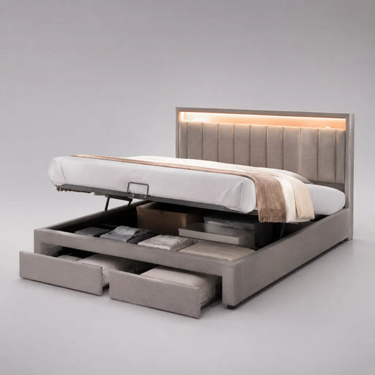 Lit de coussin de rangement gris avec tête de lit LED, boîte de lit et 2 tiroirs, 160 × 200 cm