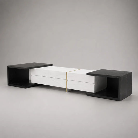 Meuble TV extensible 4 modules en MDF décor marbre, 4 tiroirs et 2 niches, blanc, noir et doré, 200 à 280 × 40 × 48 cm