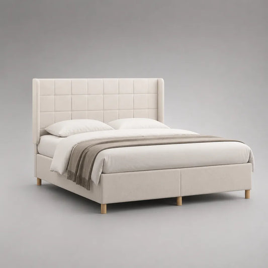 Lit double 160 × 200 cm avec sommier à lattes et tête rembourrée, crème, 174 × 214 × 125 cm