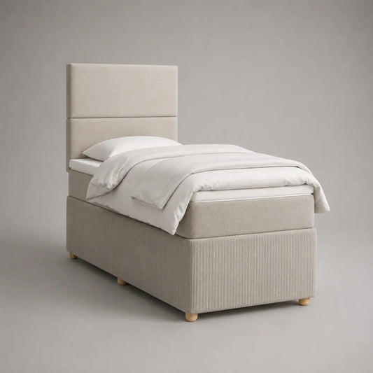 Lit simple beige 90 × 200 cm avec matelas et tête de lit haute, polyester et bois