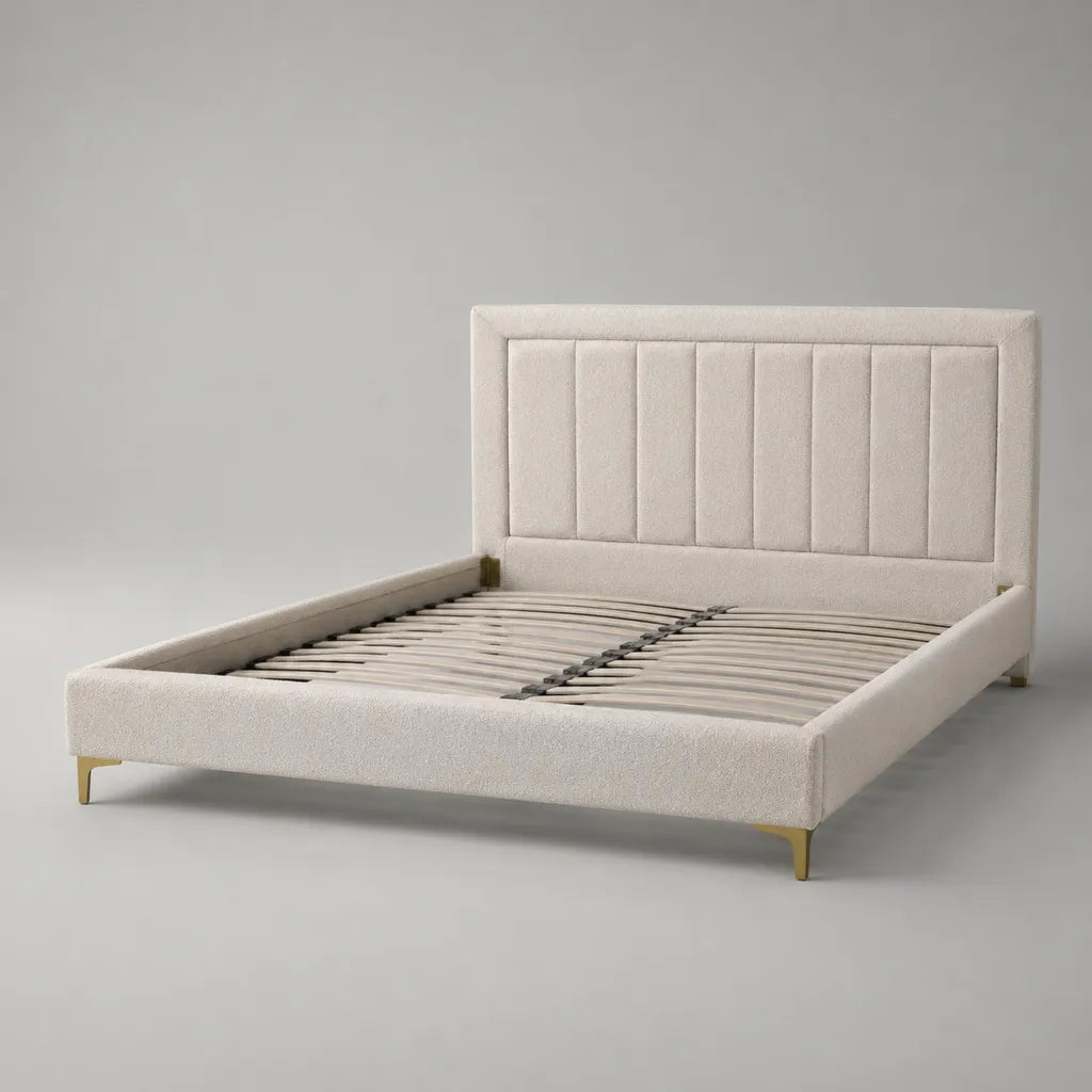 Lit rembourré en bloc polyester avec sommier à lattes, crème et couleur dorée, couchage 160 × 200 cm, dimensions totales 170 × 215 × 120 cm