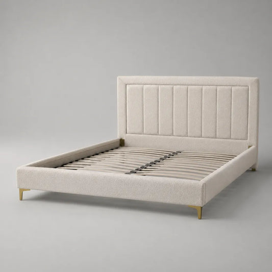 Lit rembourré en bloc polyester avec sommier à lattes, crème et couleur dorée, couchage 160 × 200 cm, dimensions totales 170 × 215 × 120 cm