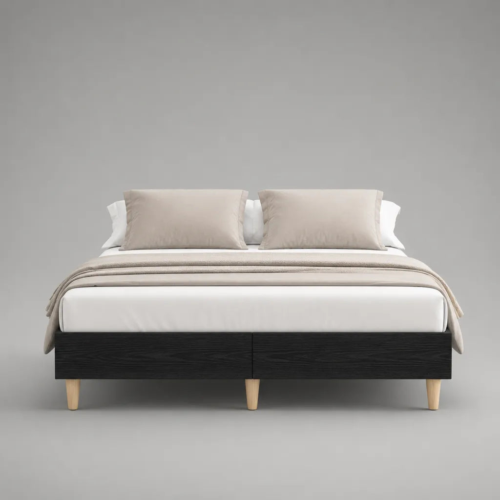 Cadre de lit double 160 × 200 cm en bois avec pieds en bois massif, noir et naturel, dimensions totales 206 × 166 × 40 cm