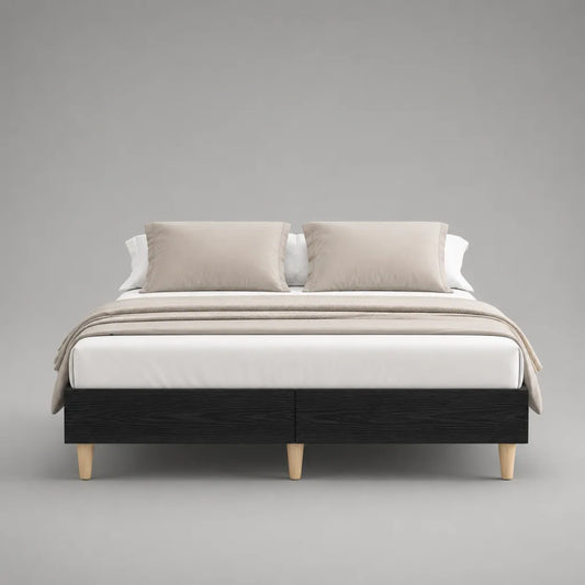 Cadre de lit double 160 × 200 cm en bois avec pieds en bois massif, noir et naturel, dimensions totales 206 × 166 × 40 cm